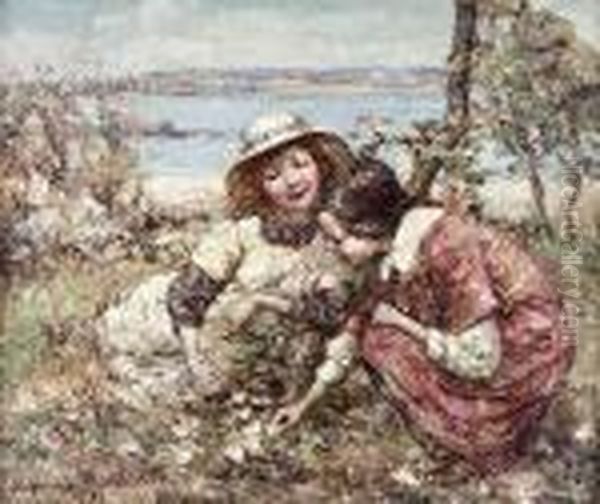 Two Girls Picking Flowers, Brighouse Bay Oil Painting by Edward Atkinson Hornel