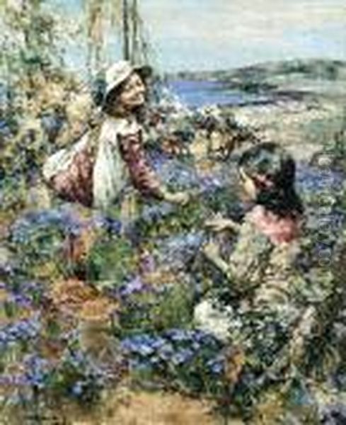 Girls Among The Violets Oil Painting by Edward Atkinson Hornel