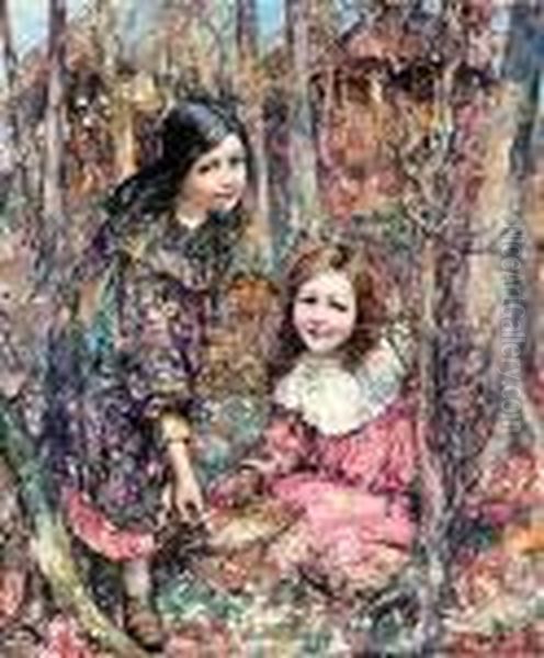 Two Girls Gathering Snowdrops Oil Painting by Edward Atkinson Hornel