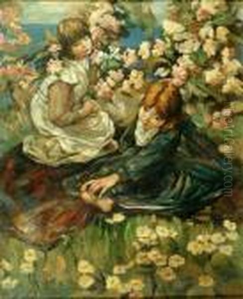 Two Girls Amongst Flowers By The Sea Oil Painting by Edward Atkinson Hornel