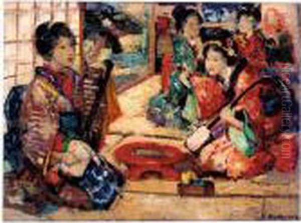 The Samisen Players Oil Painting by Edward Atkinson Hornel