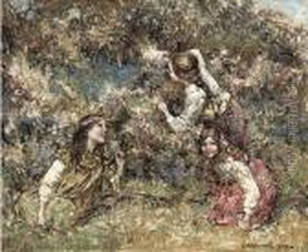 Girls In A Wood Oil Painting by Edward Atkinson Hornel