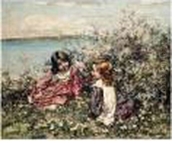 Picking Primroses By The Sea Oil Painting by Edward Atkinson Hornel