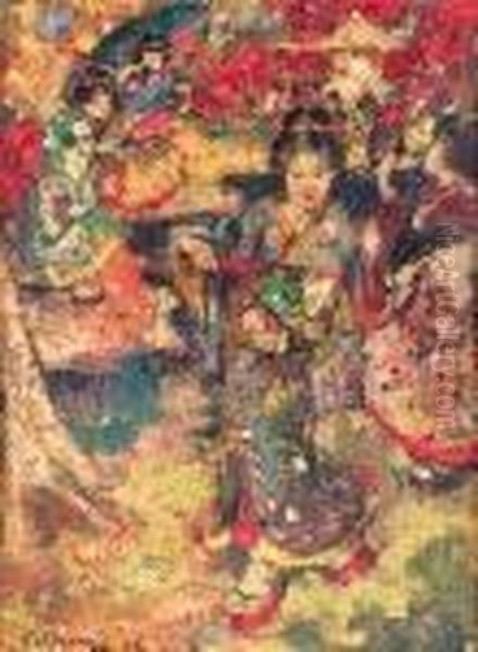 Japanese Dancers And Musicians Oil Painting by Edward Atkinson Hornel