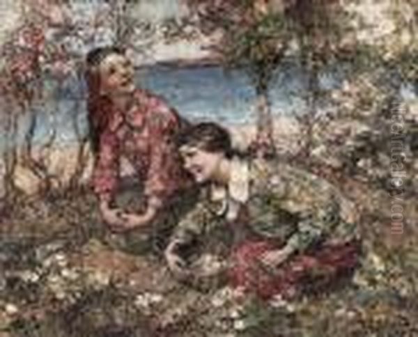 Two Girls Gathering Flowers At Brighouse Bay Oil Painting by Edward Atkinson Hornel