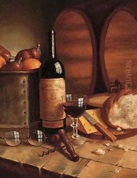 A bottle of Chateau Margaux, a goblet, fruit, bread, cheese and spectacles on a table Oil Painting by August Muller