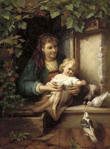 Feeding the birds Oil Painting by August Muller