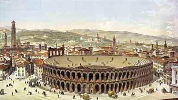 View of the Roman Amphitheatre Verona Oil Painting by Majocchi, P.