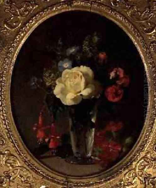 Still Life of a Yellow Rose Mignonette and Fuchsias Oil Painting by Annie Feray Mutrie