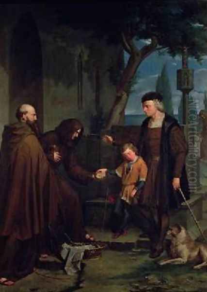 Christopher Columbus at the gates of the monastery of Santa Maria de la Rabida with his son Diego giving bread and water 1858 Oil Painting by Benito Mercade y Fabregas