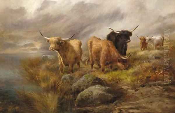 Highland cattle in a mountainous loch landscape Oil Painting by John Morris