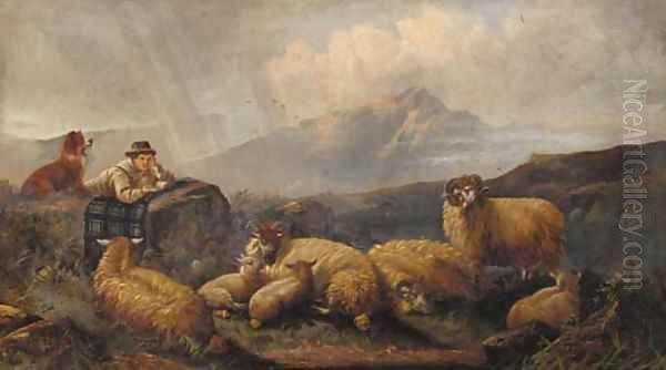 A shepherd and his flock in a Highland landscape Oil Painting by John Morris