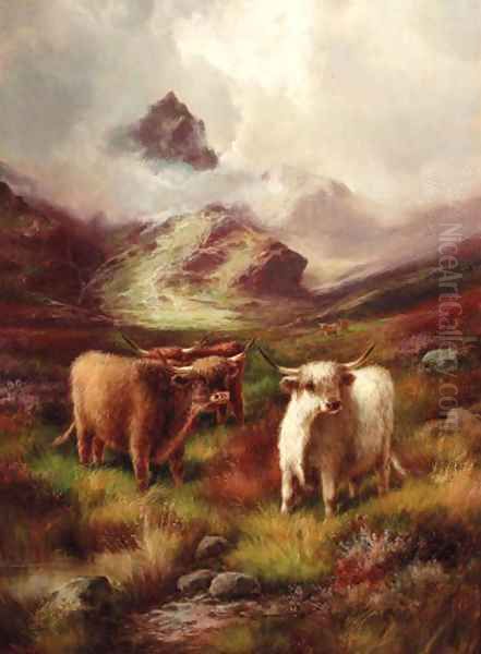 Highland cattle in a mountainous landscape Oil Painting by John Morris