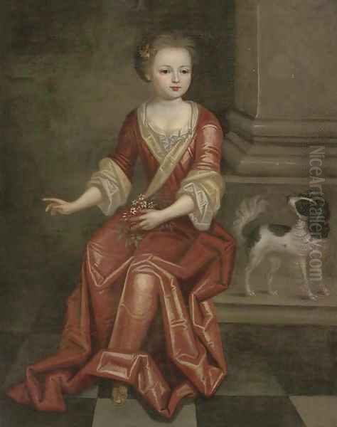 Portrait of a young girl, seated full-length, in a red dress, by a column, holding a sprig of jasmine in her left hand, a spaniel at her side Oil Painting by Mignard, Pierre II