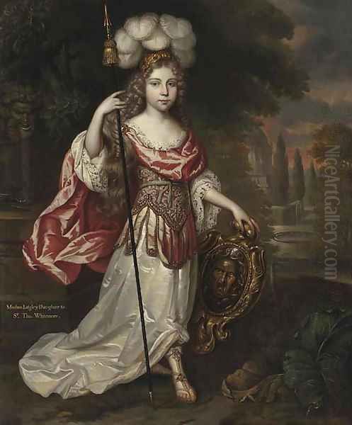 Portrait of Madame Lagley, daughter to Sir Thomas Whitemore, full-length, in a white and pink Roman dress Oil Painting by Mignard, Pierre II