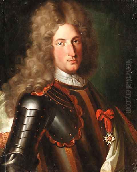 Portrait of a nobleman, said to be Marechal Tourrain, bust-length, in armour, wearing a lace cravat, a wig and the star of the Order of the Garter Oil Painting by Mignard, Pierre II