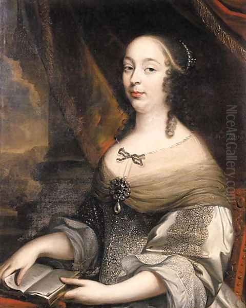 Portrait of a noblewoman said to be Charlotte de Louigny nee de Castelnau, seated half length on a terrace by a draped column, wearing a gold embroide Oil Painting by Mignard, Pierre II