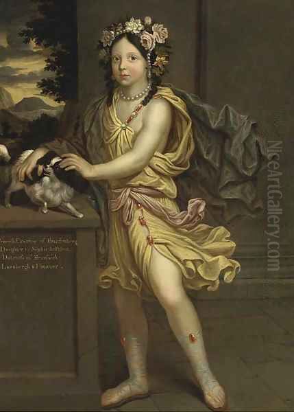 Portrait of Princess Electrice of Brandenberg, standing full-length, dressed as Flora, with a spaniel on a ledge to the side Oil Painting by Mignard, Pierre II