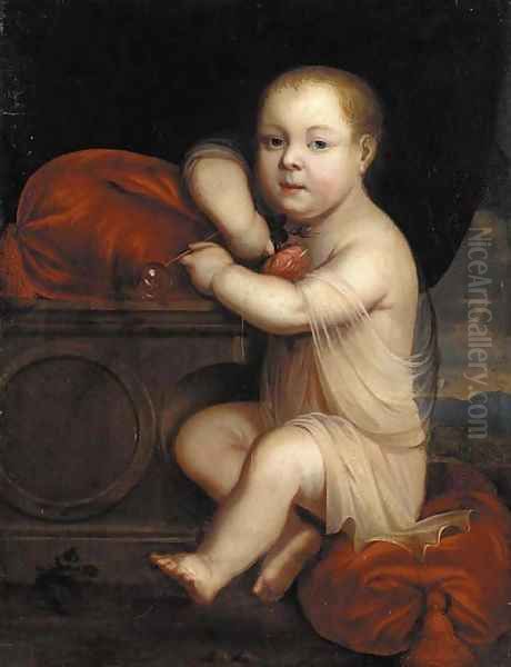 Portrait of a child, full-length, wearing a chiton, blowing a soap bubble and holding a pink rose in his right hand Oil Painting by Mignard, Pierre II