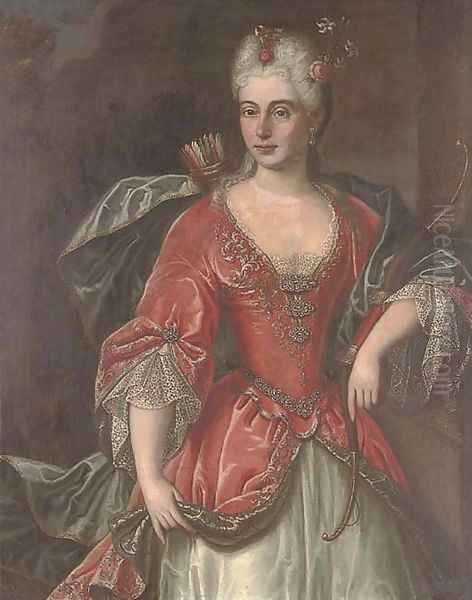 Portrait of a lady as Diana, standing, three quarter-length, with a bow and quiver Oil Painting by Mignard, Pierre II