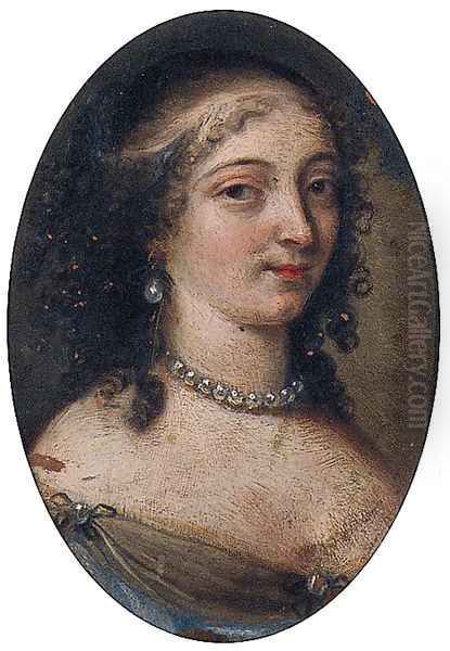 Portrait of a Lady, bust-length, in a pearl choker and a decollete dress Oil Painting by Mignard, Pierre II