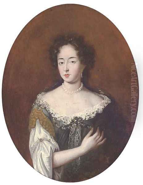 Portrait of a lady, half-length, wearing pearls Oil Painting by Mignard, Pierre II