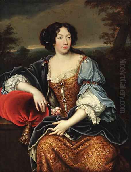 Portrait of a lady, seated, three-quarter-length, in a blue and gold brocade dress and an ermine lined wrap, a wooded landscape beyond Oil Painting by Mignard, Pierre II