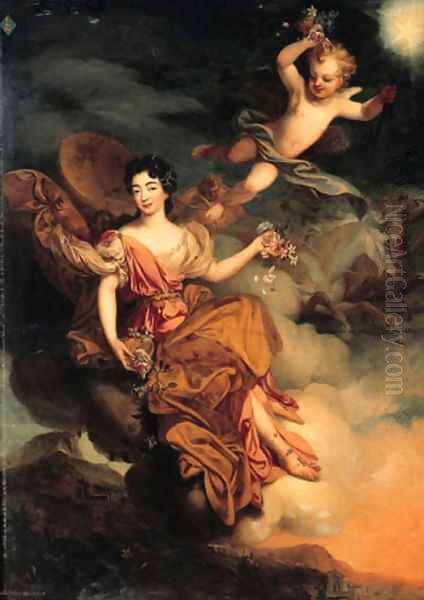 Portrait of Madmoiselle de La Force as Flora, full-length, with Putti in a landscape Oil Painting by Mignard, Pierre II