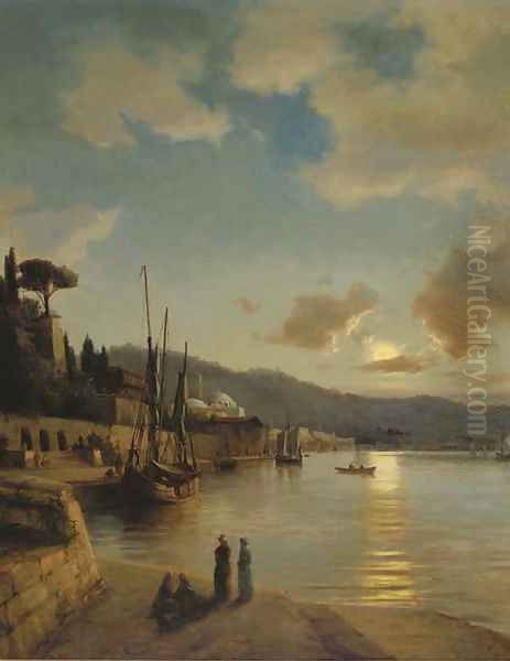 An oriental harbour by moonlight Oil Painting by Anton Melbye