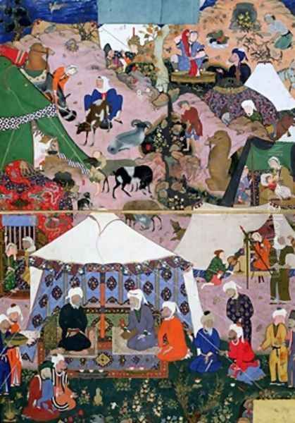 Nomadic Encampment from a Khamsa Oil Painting by Mir Sayyid'Ali