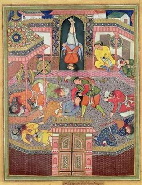 Murder Scene miniature of the Mughal period possibly from the Khamsa tales of Nizami 1570 Oil Painting by Mir Sayyid'Ali