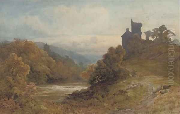 Sheep grazing above a river landscape Oil Painting by Frederick Mercer