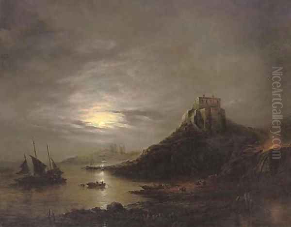 Lindisfarne Castle and Abbey, Holy Island, by moonlight Oil Painting by John Moore Of Ipswich