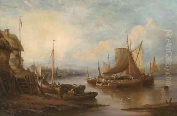 Barges on an East Anglian river at dusk Oil Painting by John Moore Of Ipswich