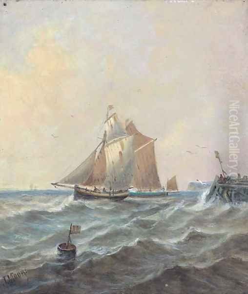 Fishing schooners coming out of port, possibly Newhaven Oil Painting by John Moore Of Ipswich