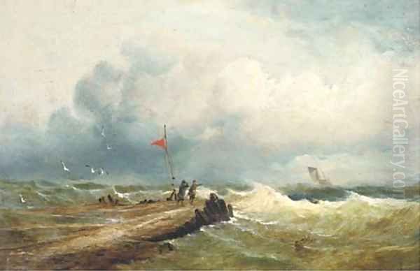 Windswept figures on a jetty looking out to sea Oil Painting by John Moore Of Ipswich