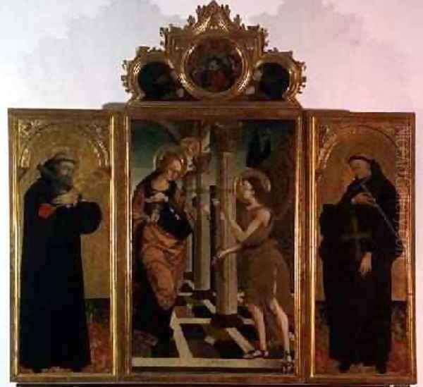 Triptych central panel depicting the Annunciation with God above and side panels bearing the figures of two saints Oil Painting by Nicola de Maestro Antonio