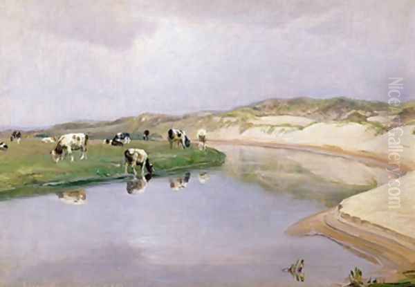 Cows Grazing at Liver As North Jutland Oil Painting by Niels Pedersen Mols