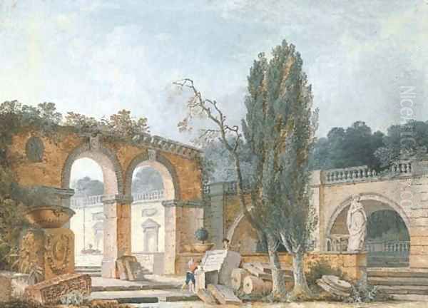 The courtyard of a ruined classical villa Oil Painting by Antoine Pierre Mongin