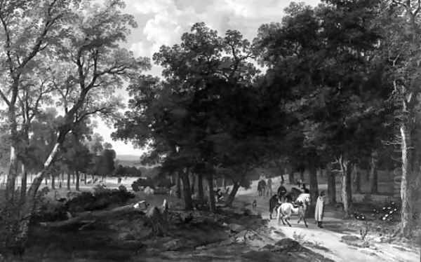 An extensive wooded landscape with huntsmen pausing on a track Oil Painting by Antoine Pierre Mongin