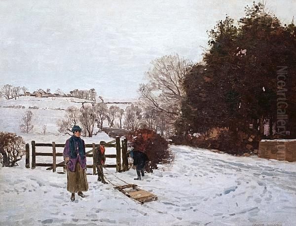 Sledding In The Snow Oil Painting by George Houston