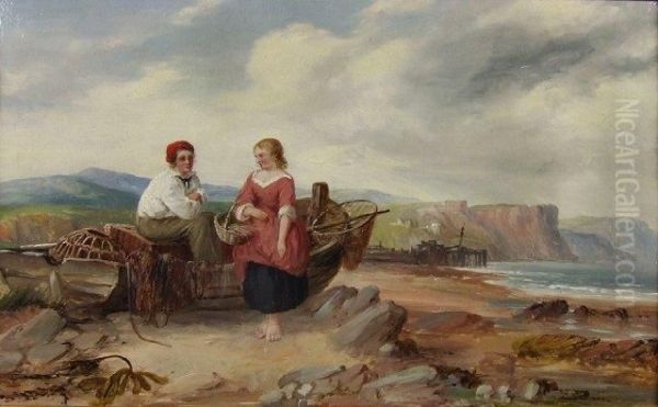 Beach Scene With Young Fisherfolk By Afishing Boat With Cliffs To Background Oil Painting by George Houston