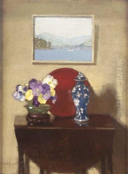 Still Life Of Objets On A Table Top With Painting Above by George Houston