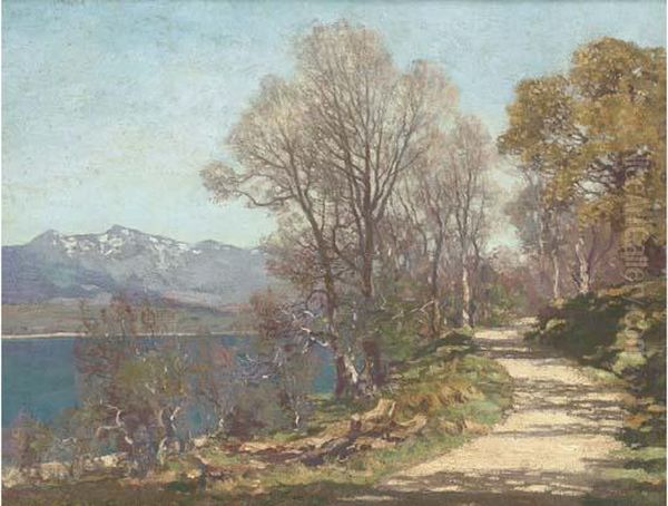 Sunlit Road By A Loch Oil Painting by George Houston