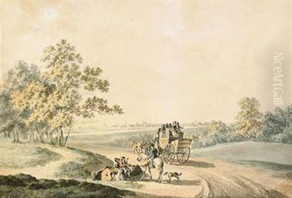 A Crowded Stagecoach Making Its Way Towards Oxford Oil Painting by Samuel Howitt