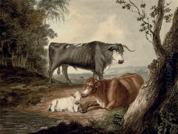 A Bull, A Cow And Calf Oil Painting by Samuel Howitt