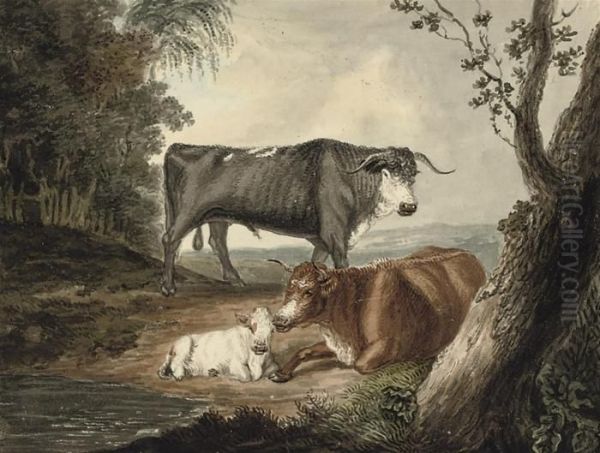 A Bull, A Cow And Calf In An Extensive Landscape Oil Painting by Samuel Howitt