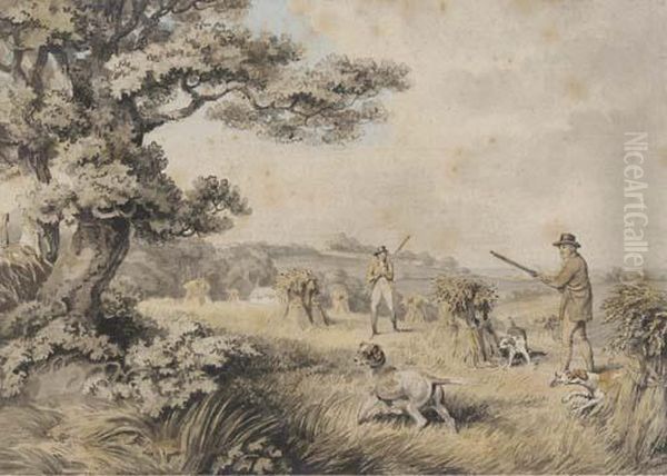 Huntsmen And Dogs Shooting Over A Cornfield Oil Painting by Samuel Howitt