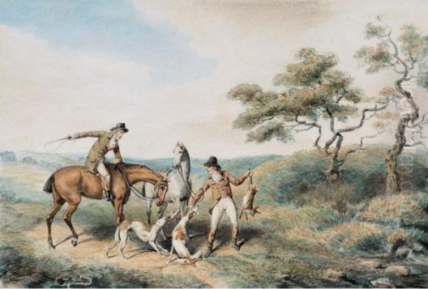 Huntsmen And Dogs Hare Coursing In A Rocky Landscape; Huntsmen And Dogs With A Hare Oil Painting by Samuel Howitt