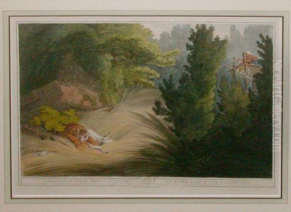 The Ganges Breaking Its Banks... And A Rhinoceros Hunted By Wildelephants Oil Painting by Samuel Howitt